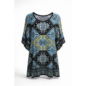 Red Ruby Tribal Print Tunic Blouse – 3/4 Sleeve, Scoop Neck